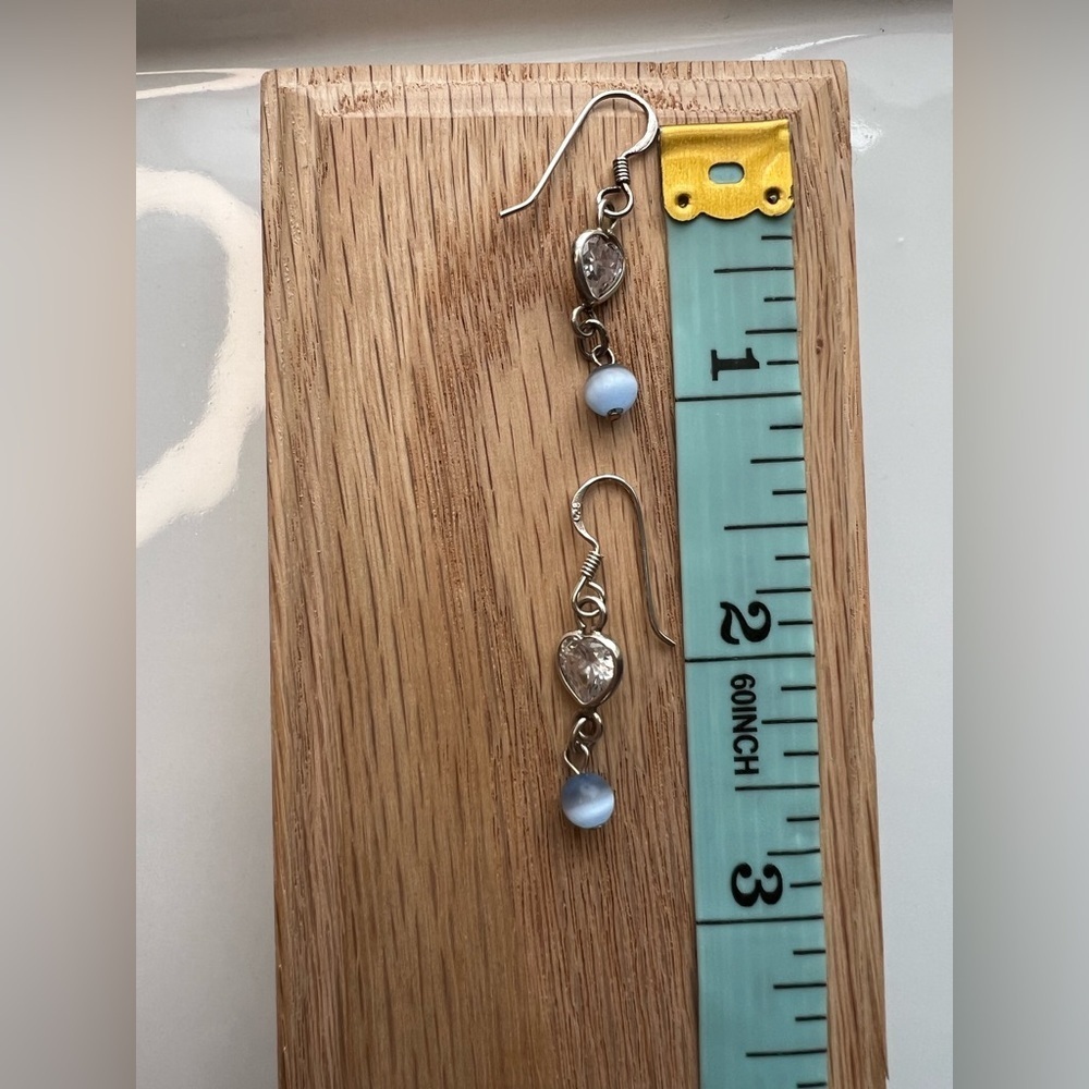 Vintage Sterling Silver Heart Dangle Earrings Blue Bead NOS - Picture 4 of 6